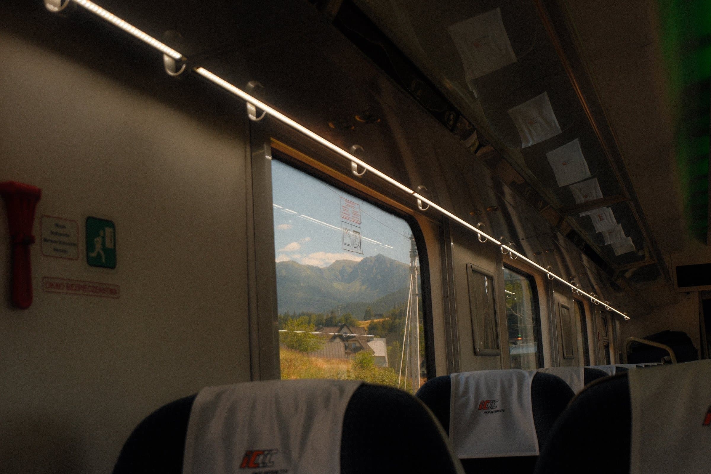 Mountain scenery through the window of a train